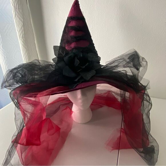 Halloween Red Black Mesh Witchy Hat Black Roses ‎ Whimsigoth Grunge Cosplay OS - Picture 8 of 10